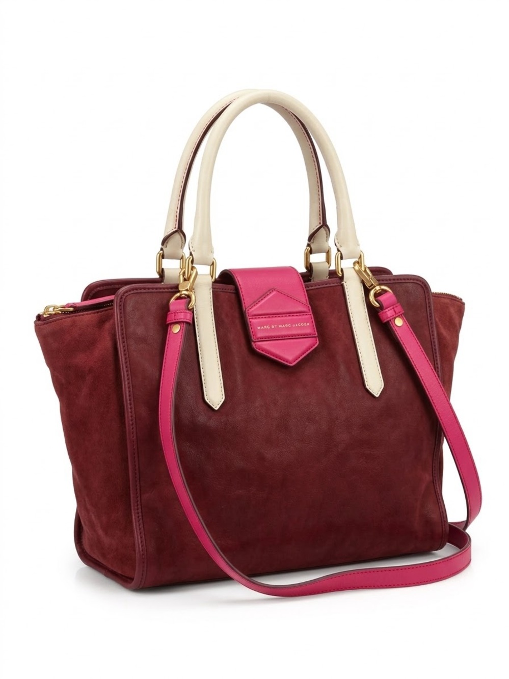 Marc by Marc Jacobs Burgundy Leather Tote with Pink Tab and Cream Handles